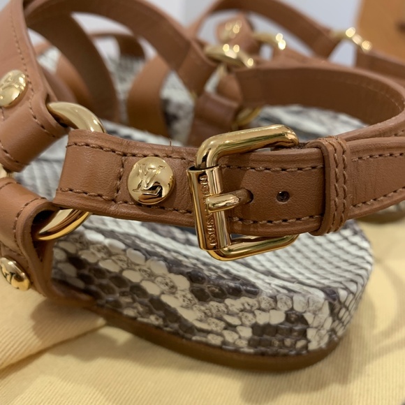 Louis Vuitton Python Sandals tan brown 36 6 snakeskin leather LV gold logo strap - Picture 9 of 16